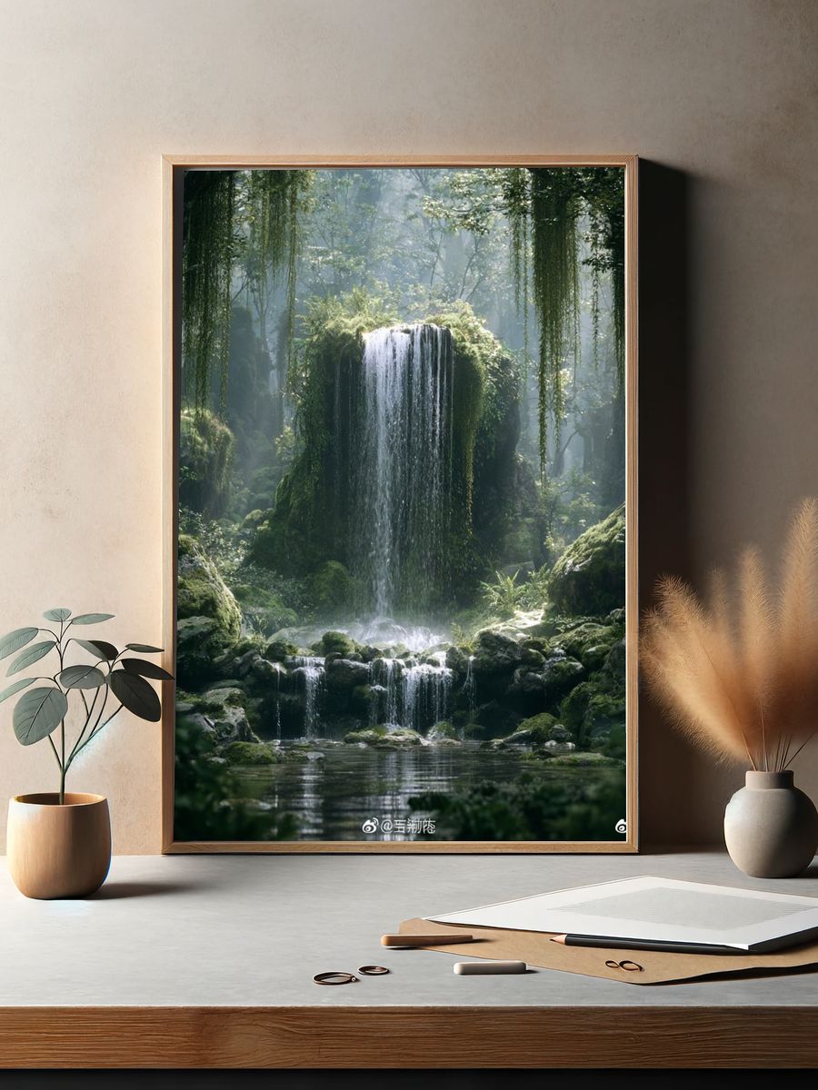 Misty Forest Waterfall Photography Poster. — room view 2