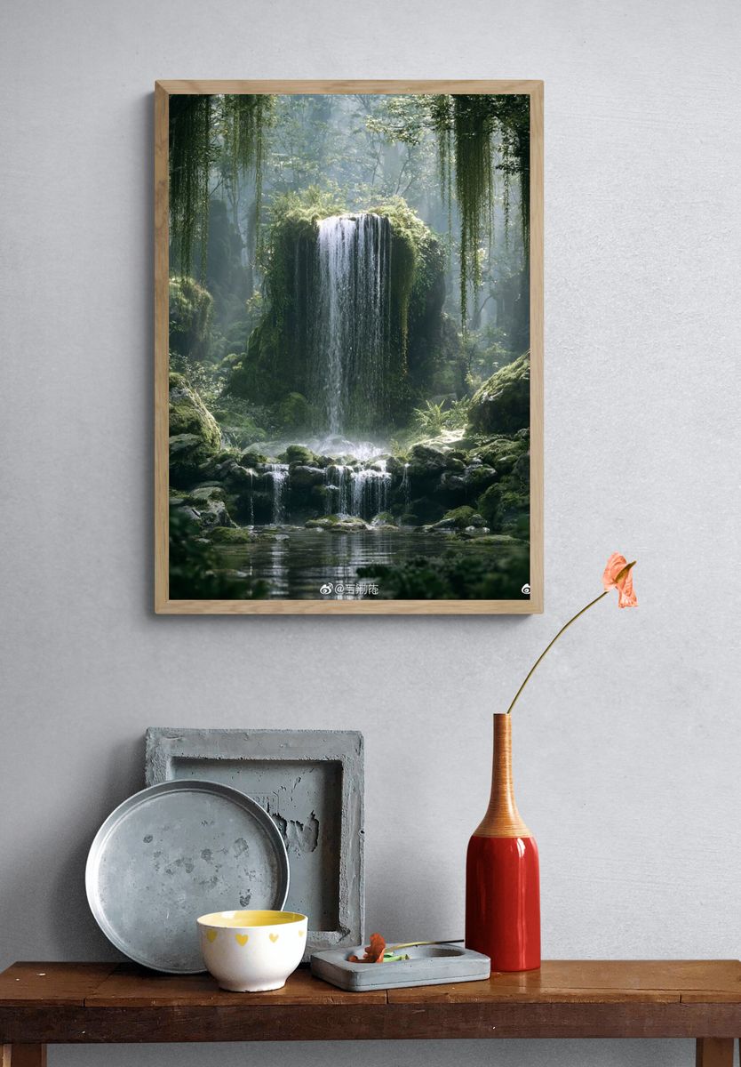 Misty Forest Waterfall Photography Poster. — room view 3