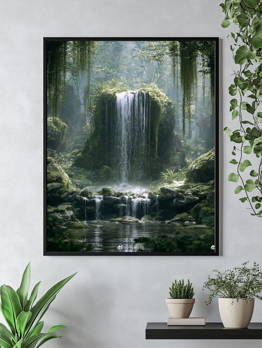 Misty Forest Waterfall Photography Poster. — room view 4