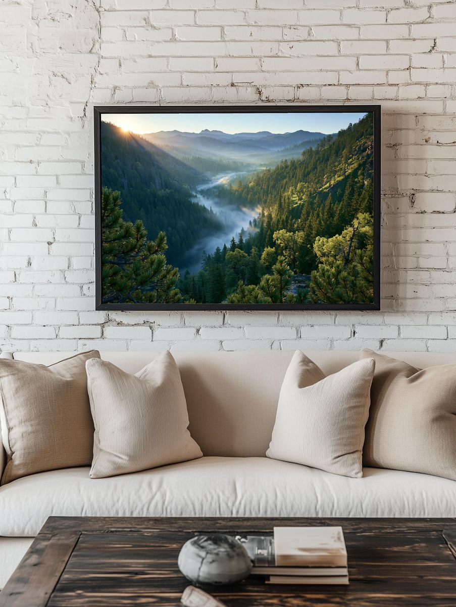 Misty Mountain Forest Sunrise Poster. — room view 1