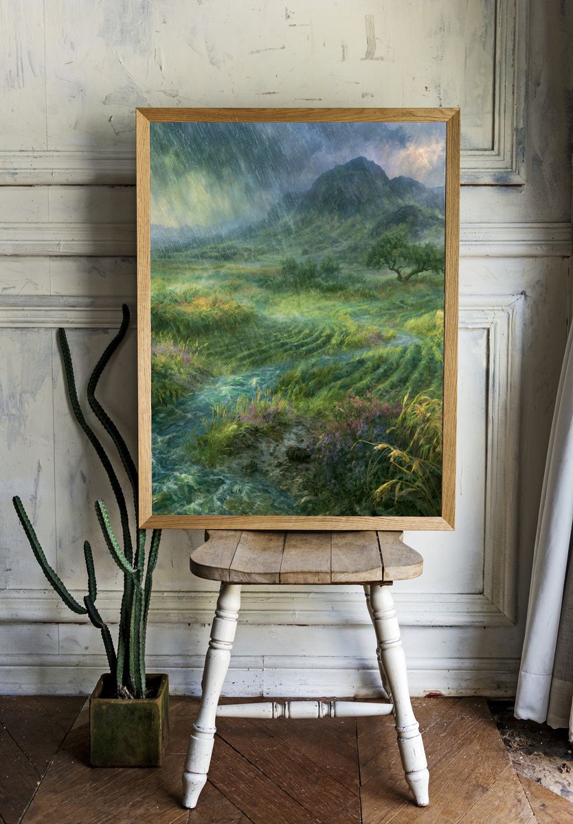 Rainy Mountain Valley Landscape Print. room preview