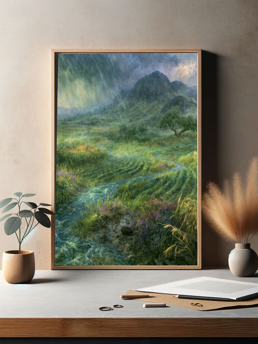 Rainy Mountain Valley Landscape Print. — room view 2