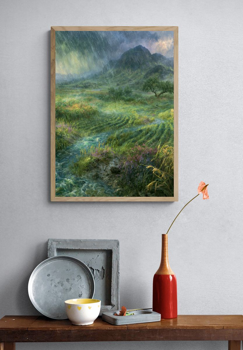 Rainy Mountain Valley Landscape Print. — room view 3