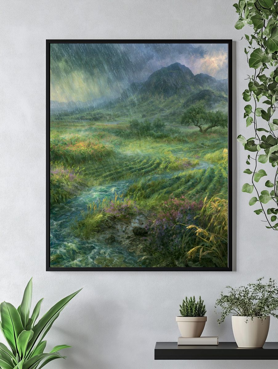 Rainy Mountain Valley Landscape Print. — room view 4