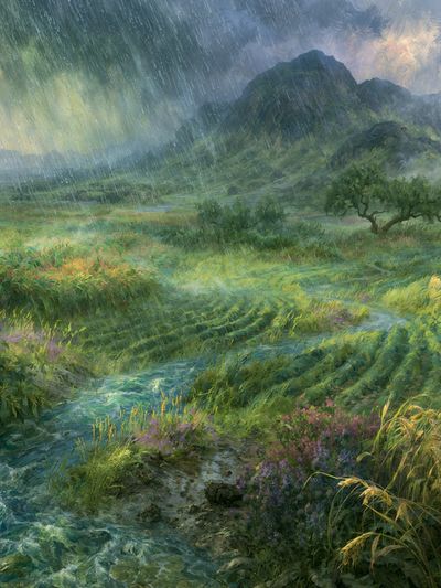 Rainy Mountain Valley Landscape Print.