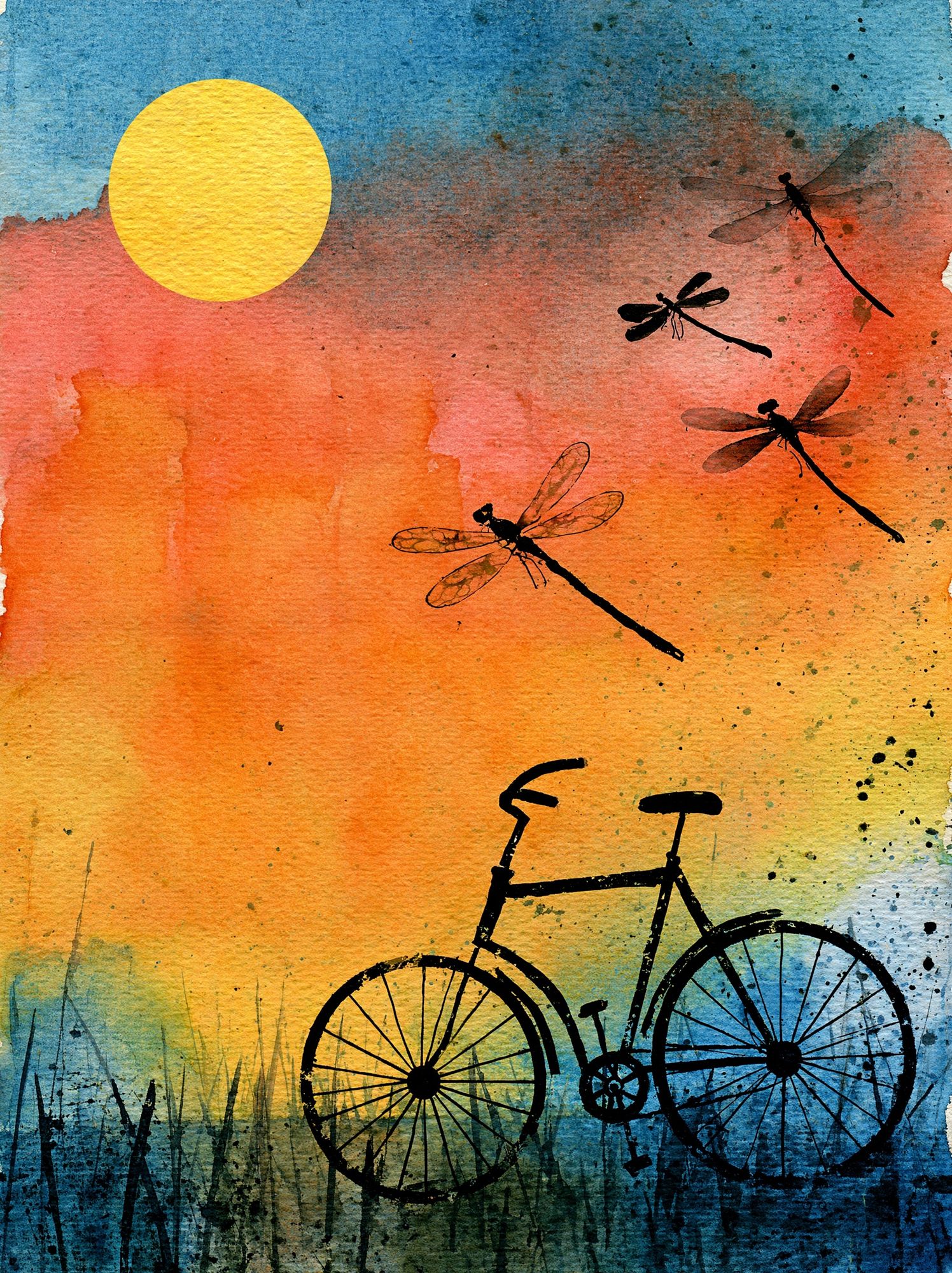 Dragonflies and Bicycle Sunset Poster. poster detail