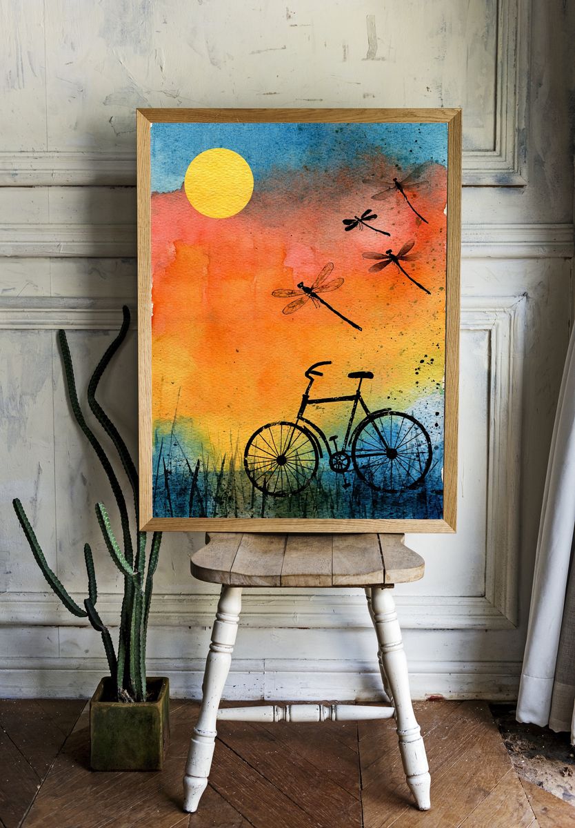 Dragonflies and Bicycle Sunset Poster. — room view 1