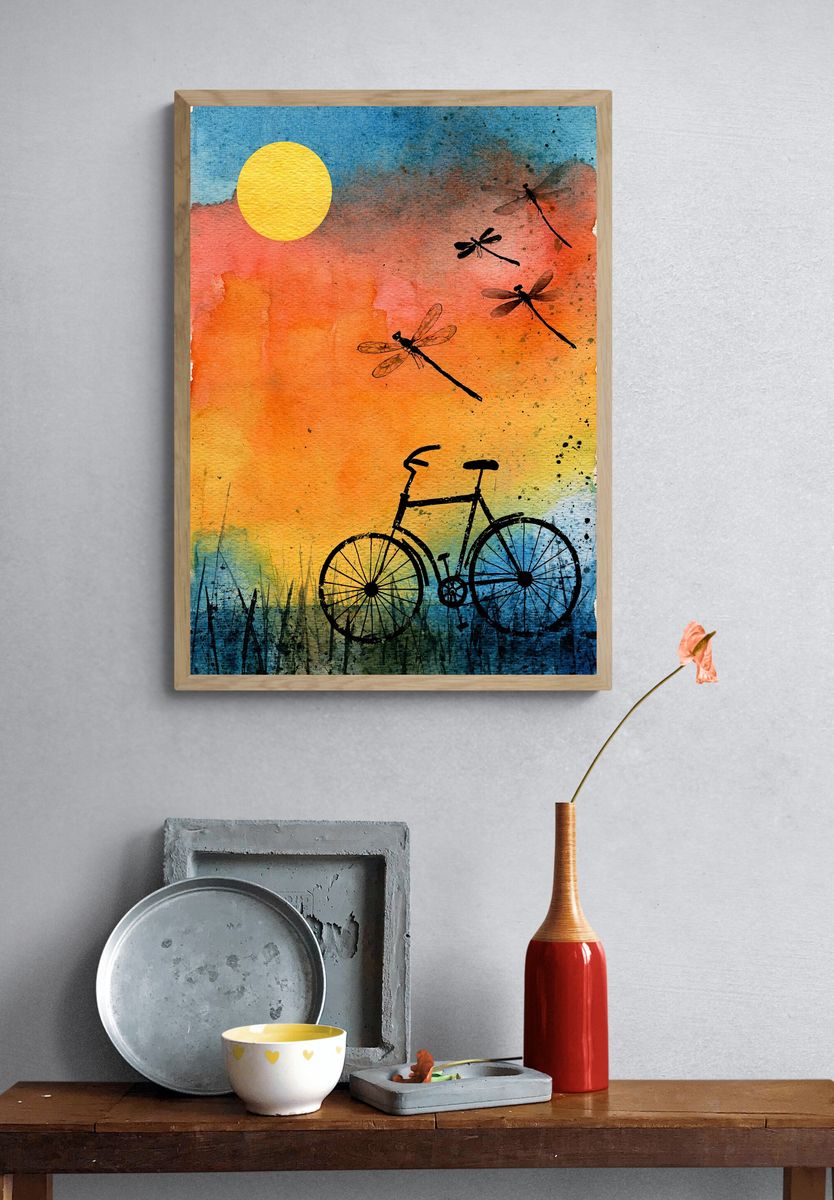 Dragonflies and Bicycle Sunset Poster. — room view 3