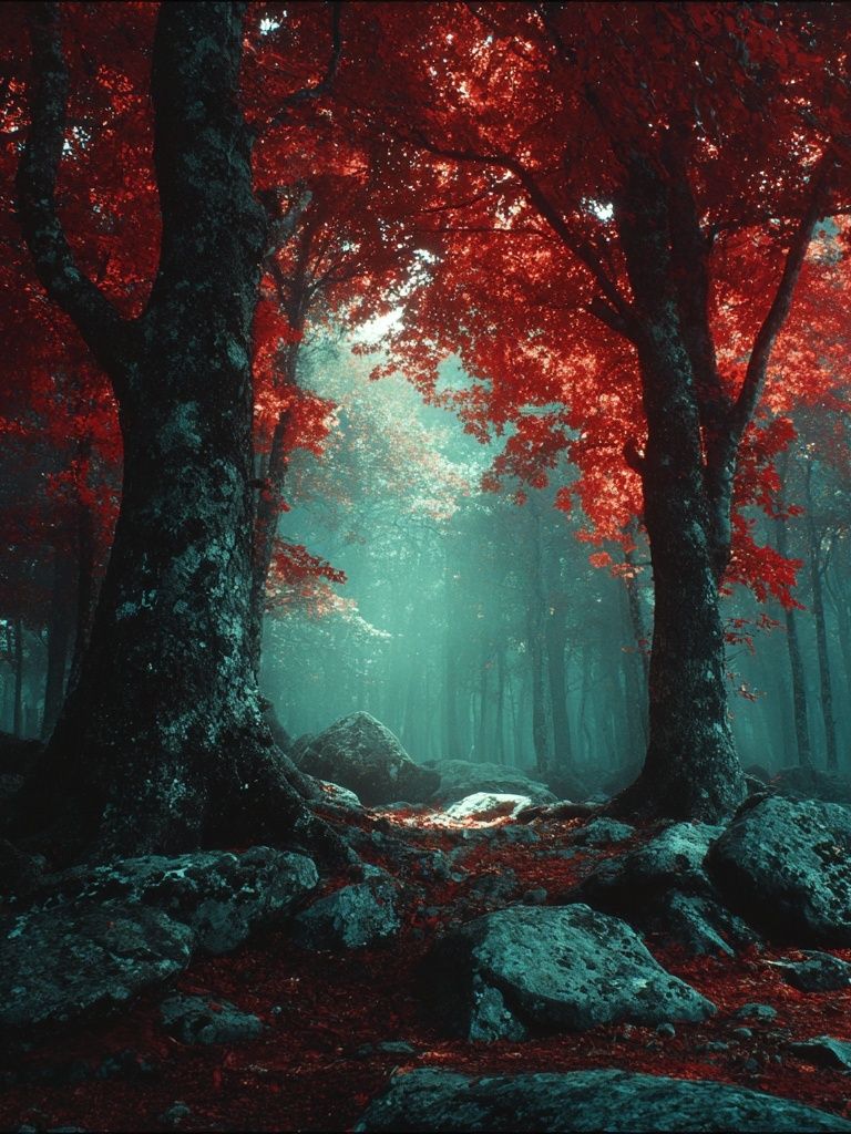 Crimson Forest Mist Poster. poster detail