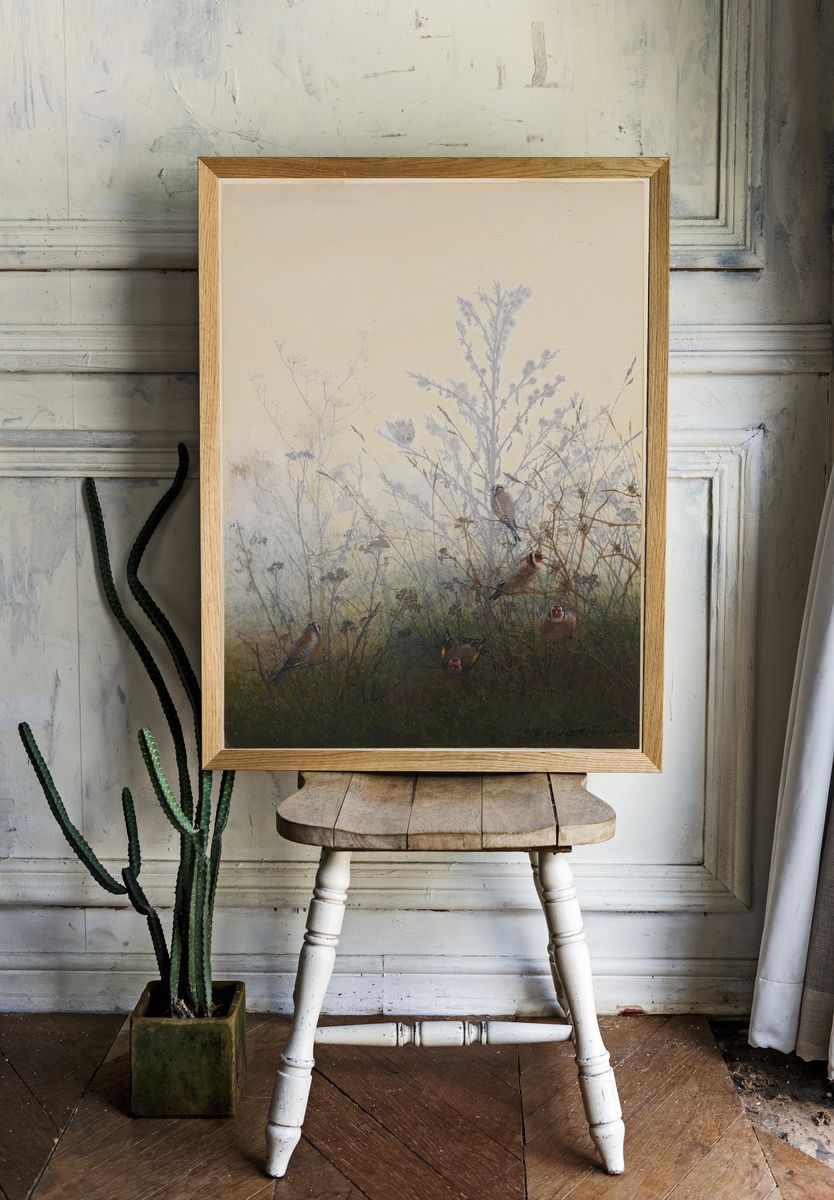 Goldfinches in Misty Landscape Poster. room preview