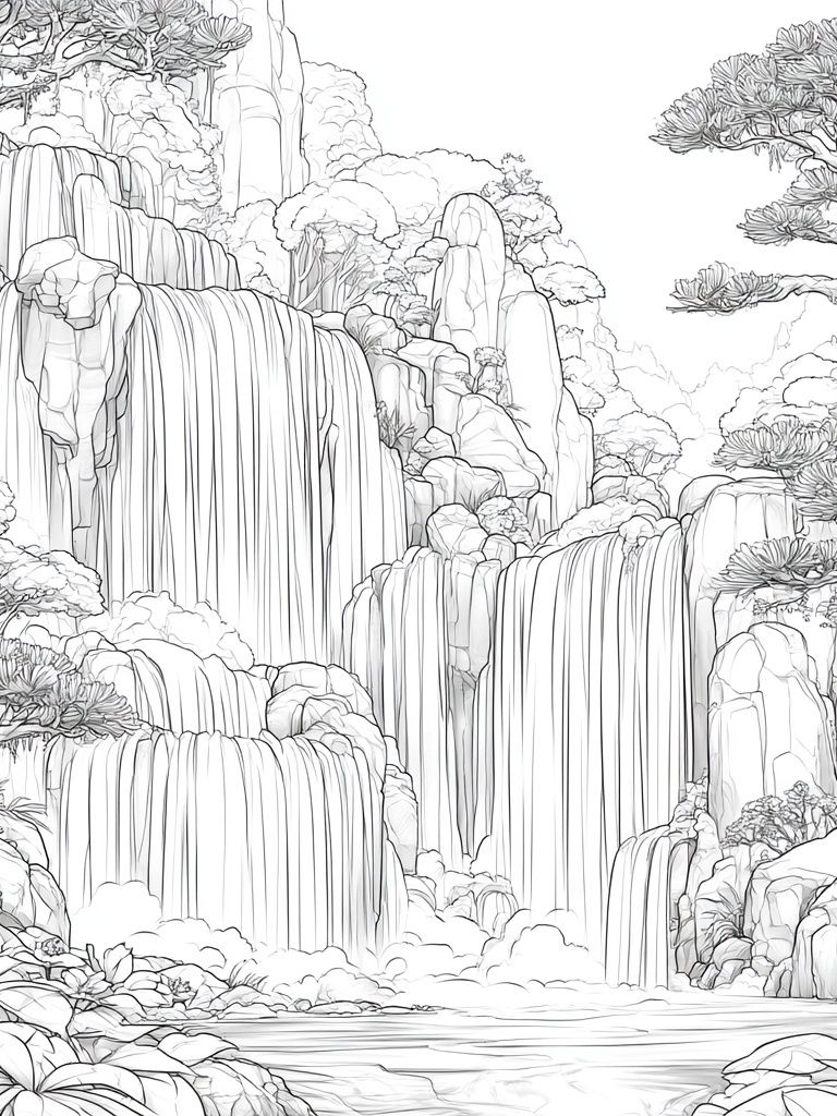 Waterfall Landscape Line-Art Poster. poster detail