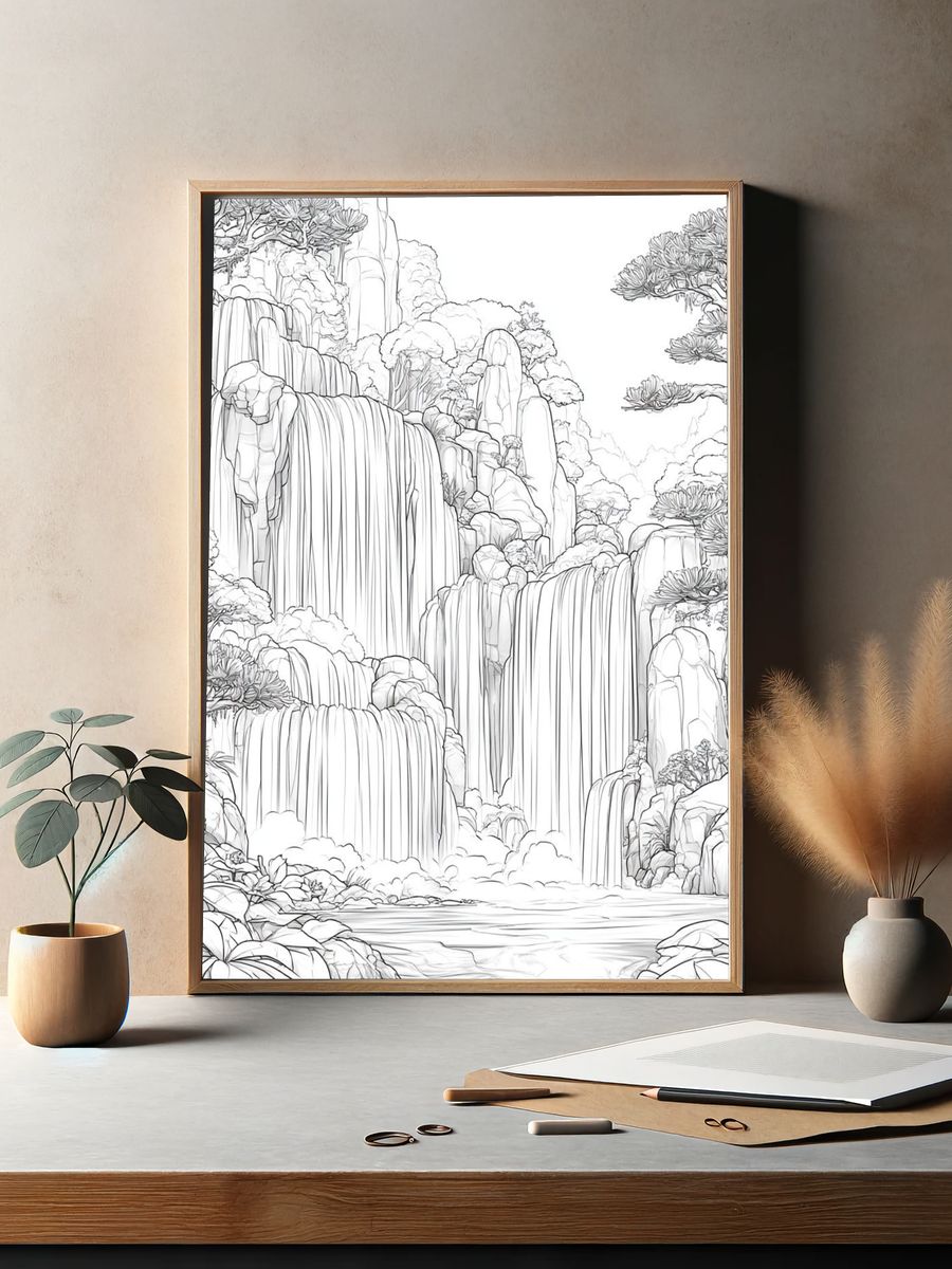 Waterfall Landscape Line-Art Poster. — room view 2
