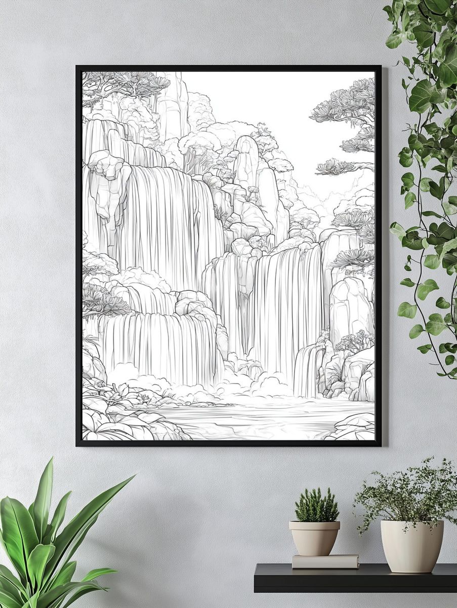 Waterfall Landscape Line-Art Poster. — room view 4
