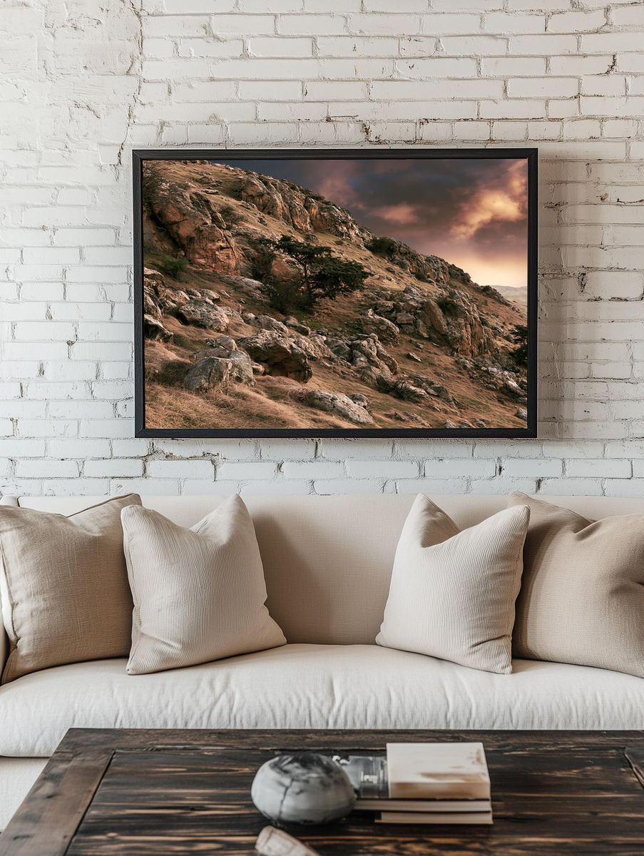 Rocky Hillside Sunset Landscape Poster. room preview