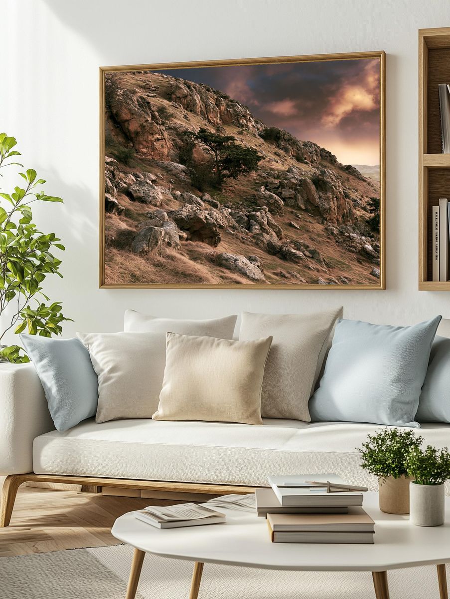 Rocky Hillside Sunset Landscape Poster. — room view 2