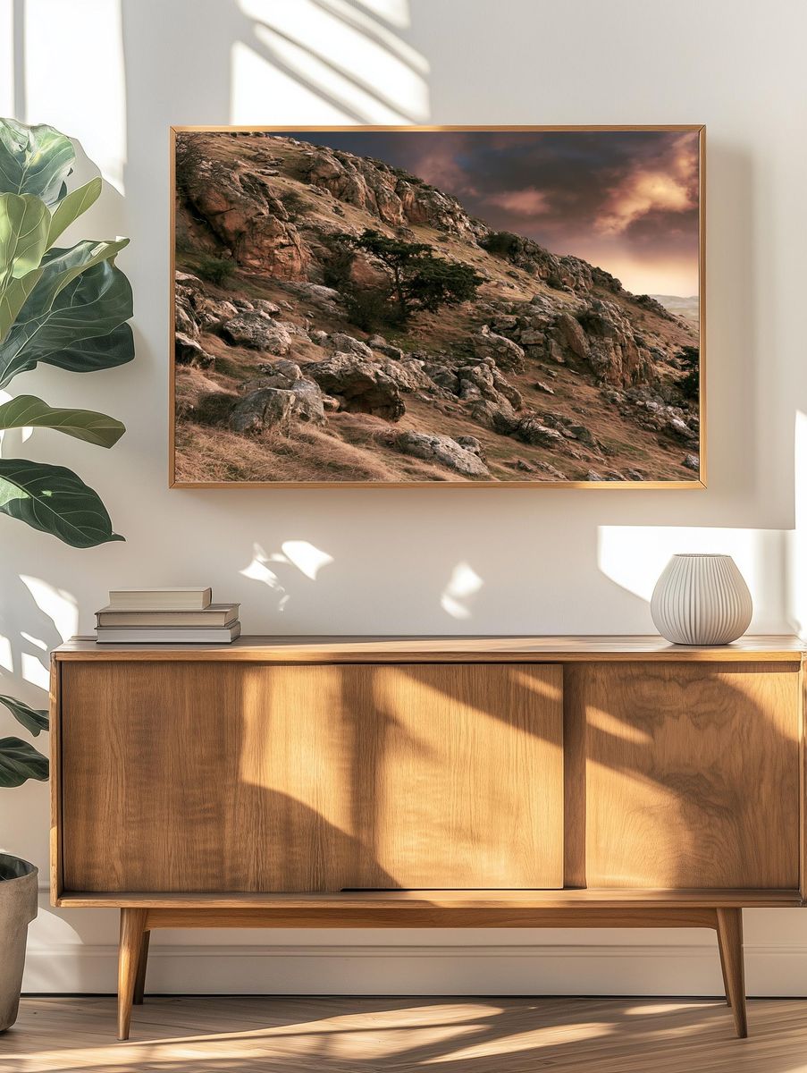 Rocky Hillside Sunset Landscape Poster. — room view 3