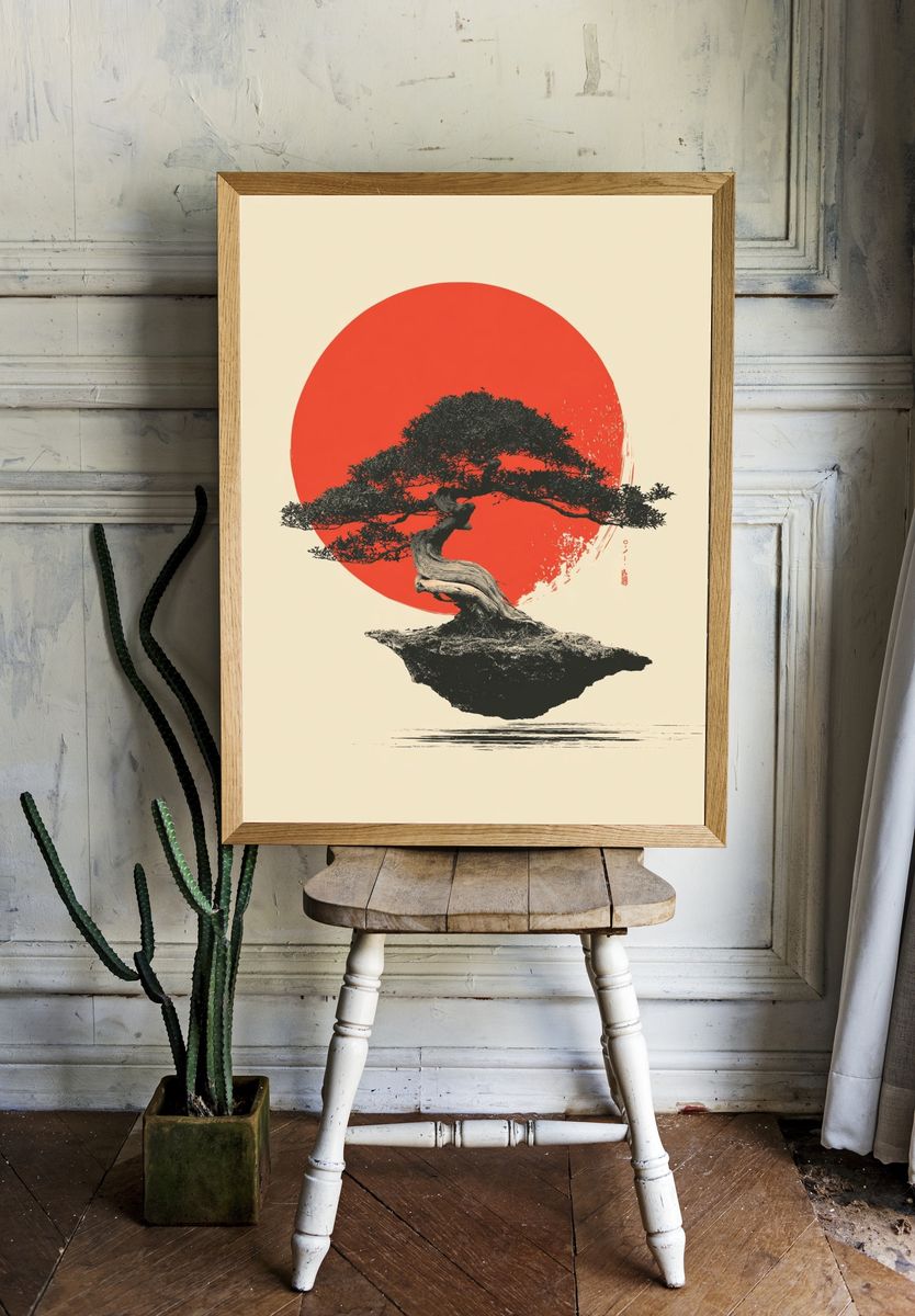 Floating Bonsai Sunset Print room preview