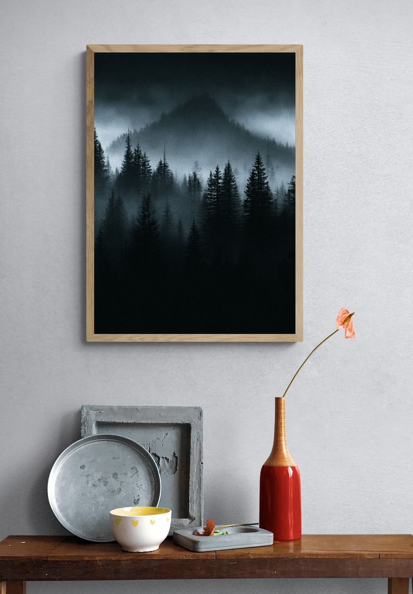 Misty Pine Forest — Photography Print. — room view 3