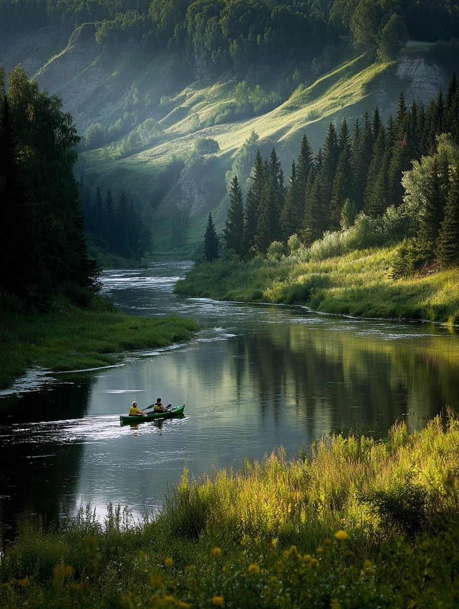 Mountain River Canoe Landscape Poster. poster detail