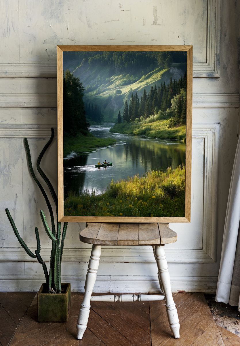Mountain River Canoe Landscape Poster. — room view 1