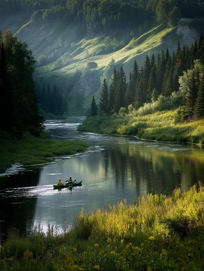 Mountain River Canoe Landscape Poster. poster