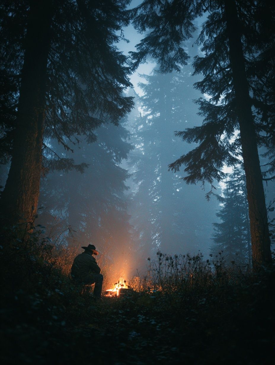 Campfire in Misty Forest Poster. poster — nature art