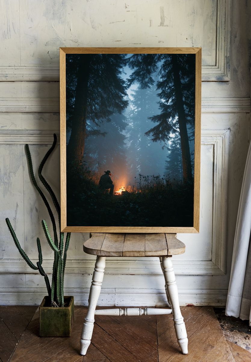 Campfire in Misty Forest Poster. — room view 1