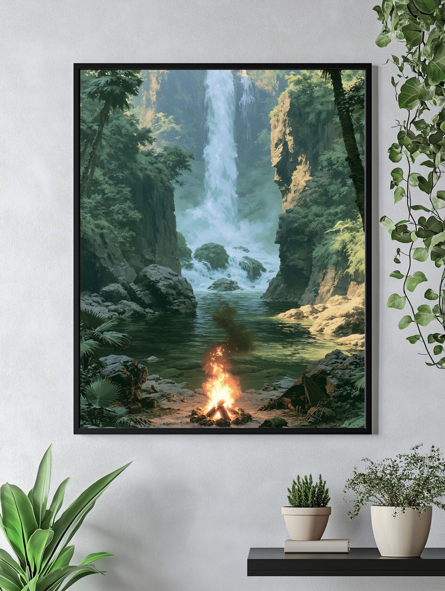 Jungle Waterfall Campfire Print. — room view 4