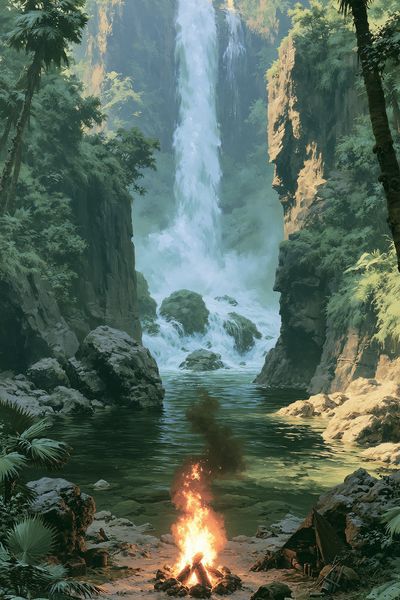 Jungle Waterfall Campfire Print. poster