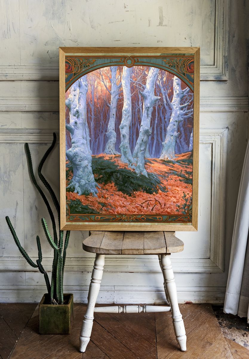 Winter Birch Forest Vintage Print. room preview