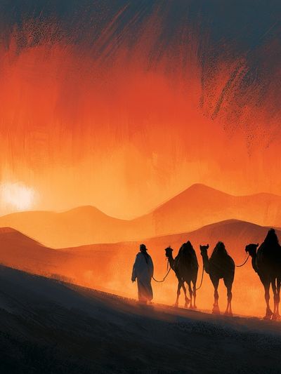 Desert Caravan Sunset Print. poster