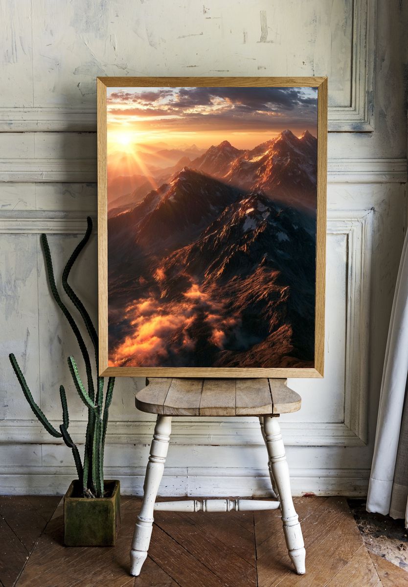 Sunrise Mountain Peaks Photography Poster. — room view 1