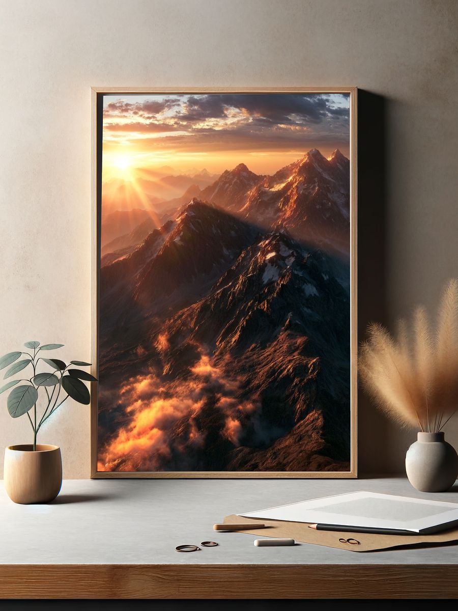 Sunrise Mountain Peaks Photography Poster. — room view 2