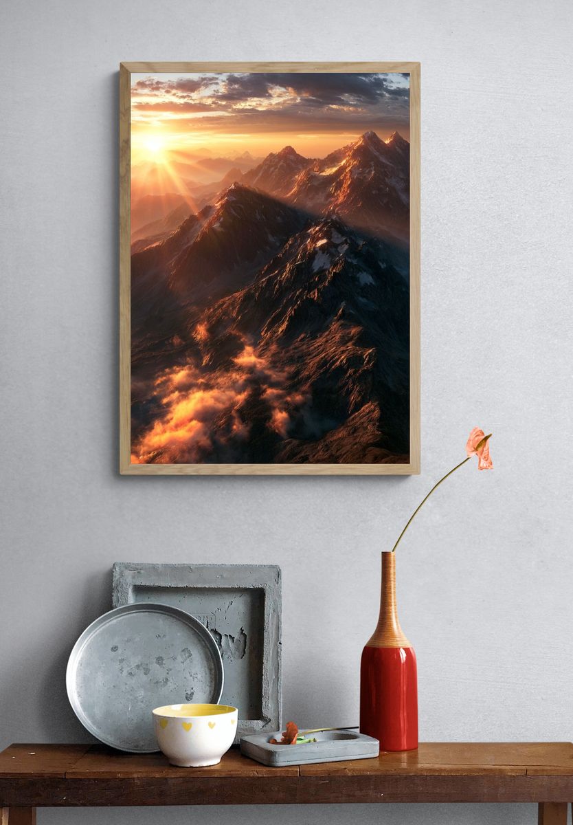 Sunrise Mountain Peaks Photography Poster. — room view 3