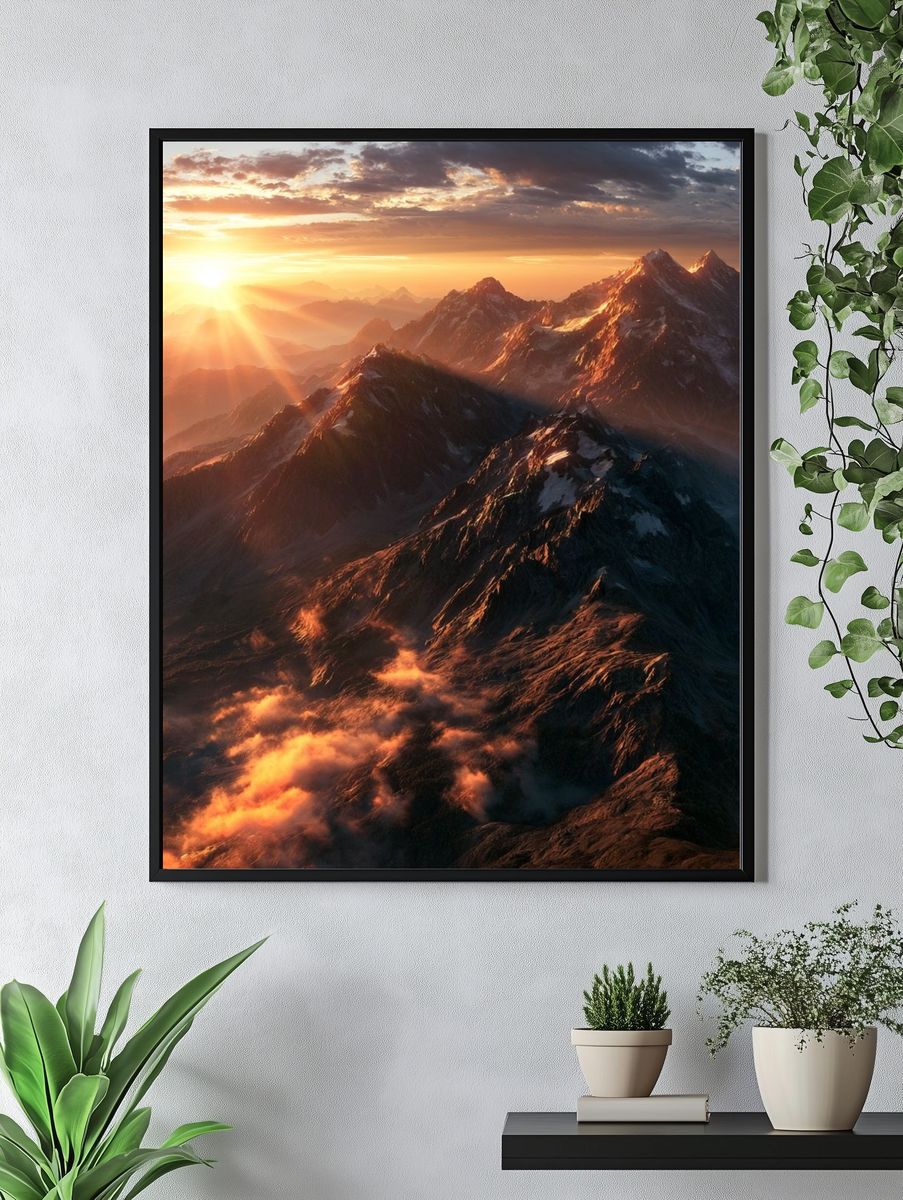 Sunrise Mountain Peaks Photography Poster. — room view 4