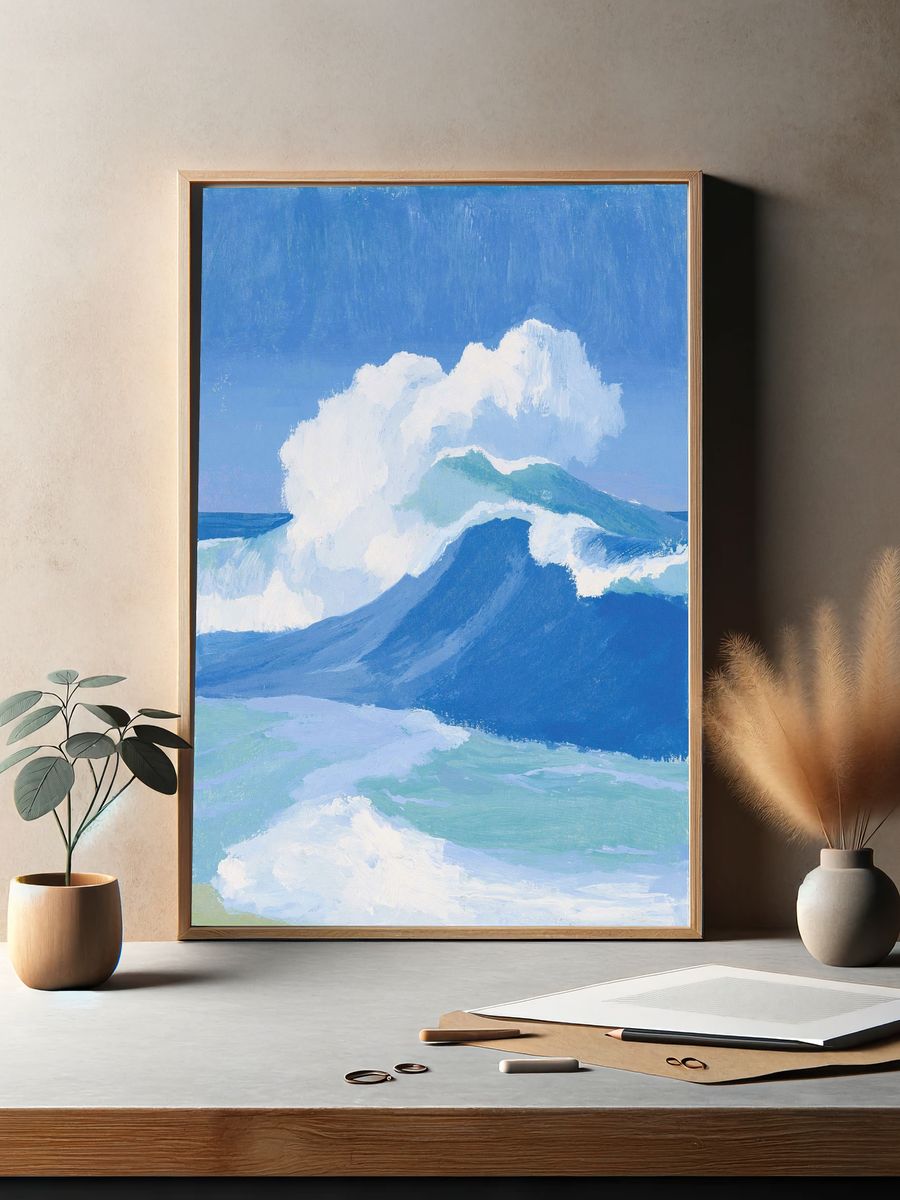 Blue Ocean Waves Illustration Print. — room view 2