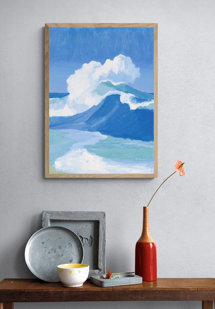 Blue Ocean Waves Illustration Print. — room view 3