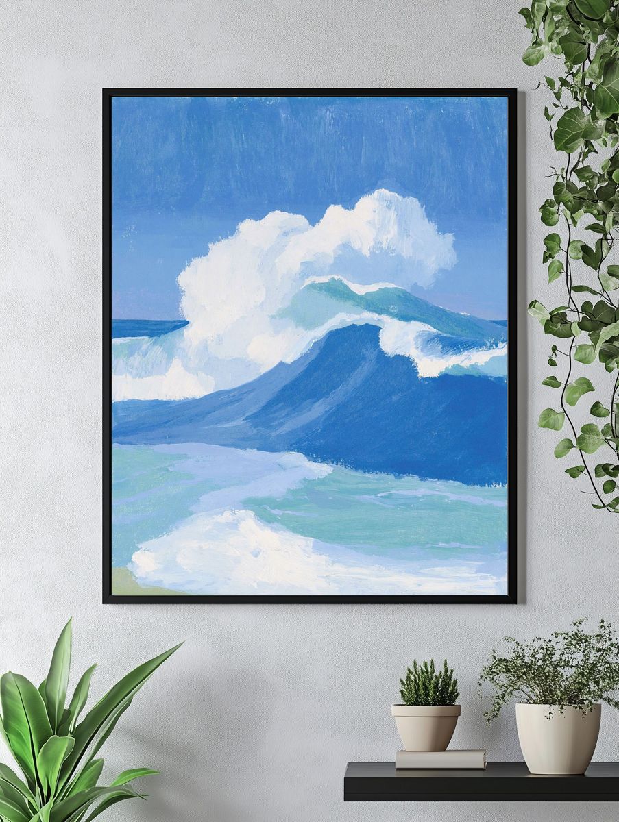Blue Ocean Waves Illustration Print. — room view 4