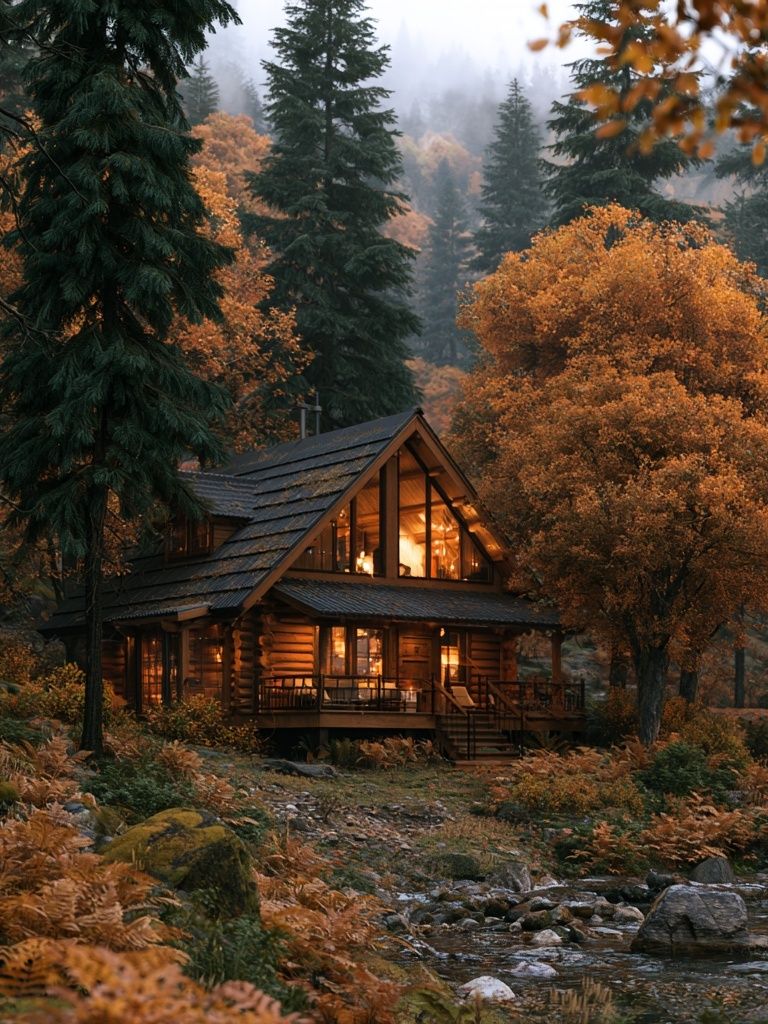Autumn Cabin in the Pines Poster. poster detail