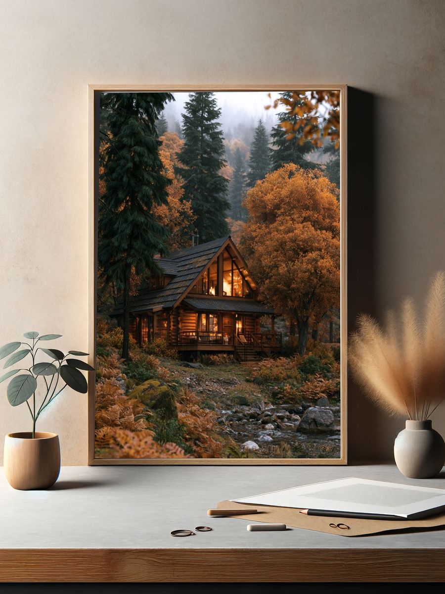 Autumn Cabin in the Pines Poster. — room view 2