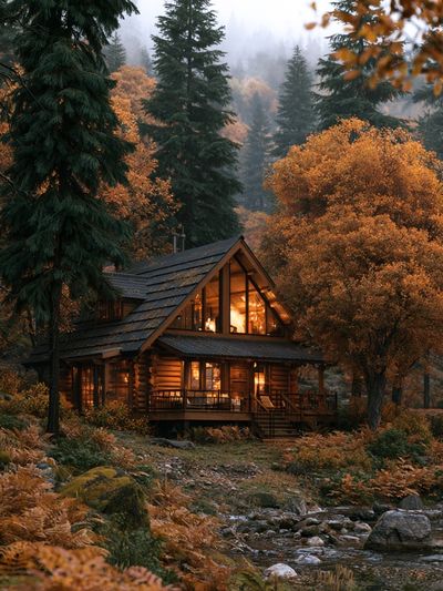 Autumn Cabin in the Pines Poster. poster