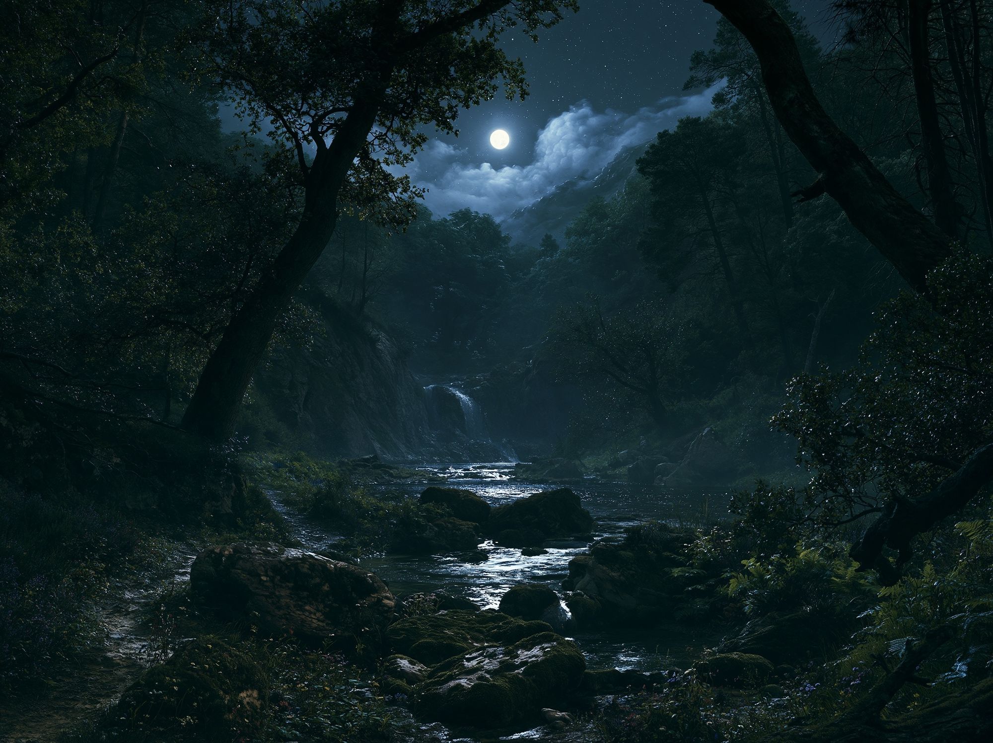 Moonlit Forest River Poster. poster — nature art