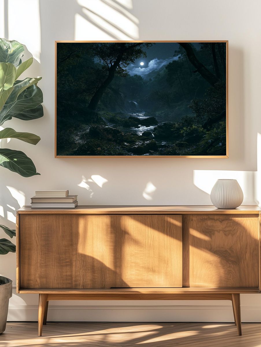 Moonlit Forest River Poster. — room view 3