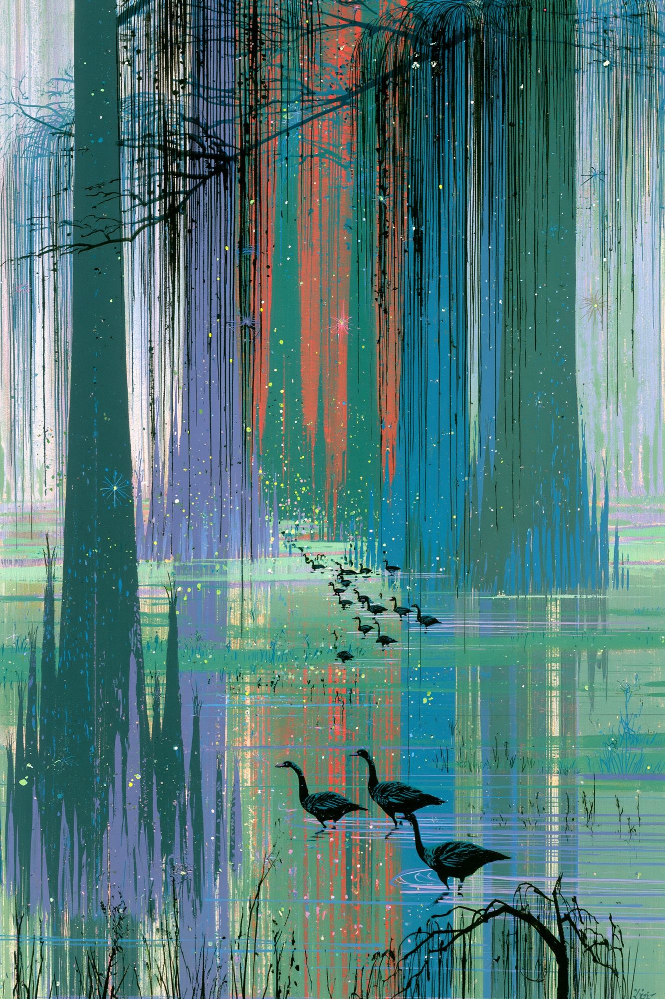 Misty Wetland Geese Illustration Poster. poster detail