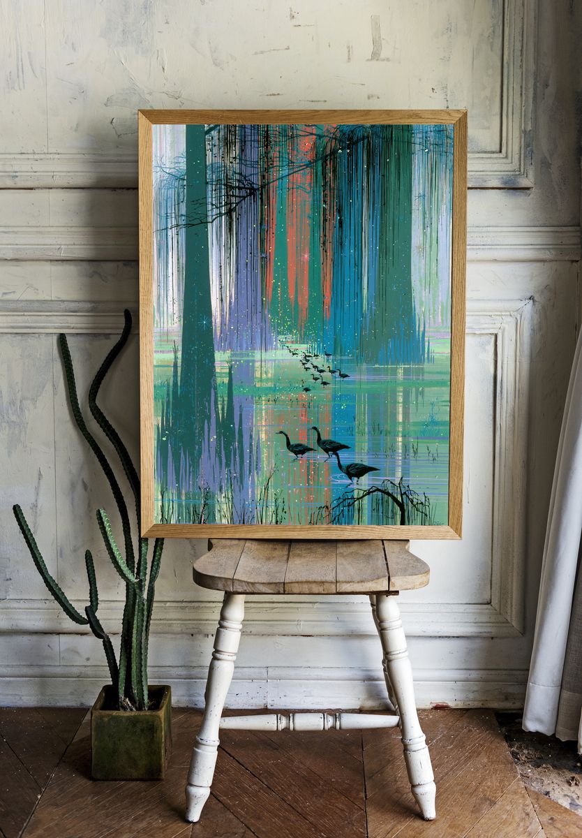 Misty Wetland Geese Illustration Poster. — room view 1