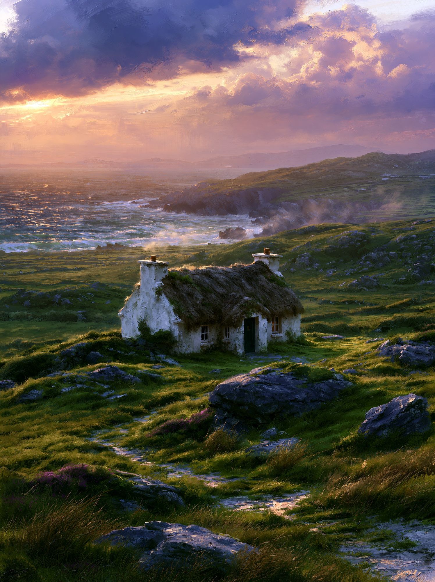 Coastal Cottage Sunset Print. poster — nature art