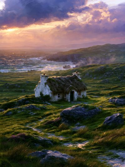 Coastal Cottage Sunset Print. poster