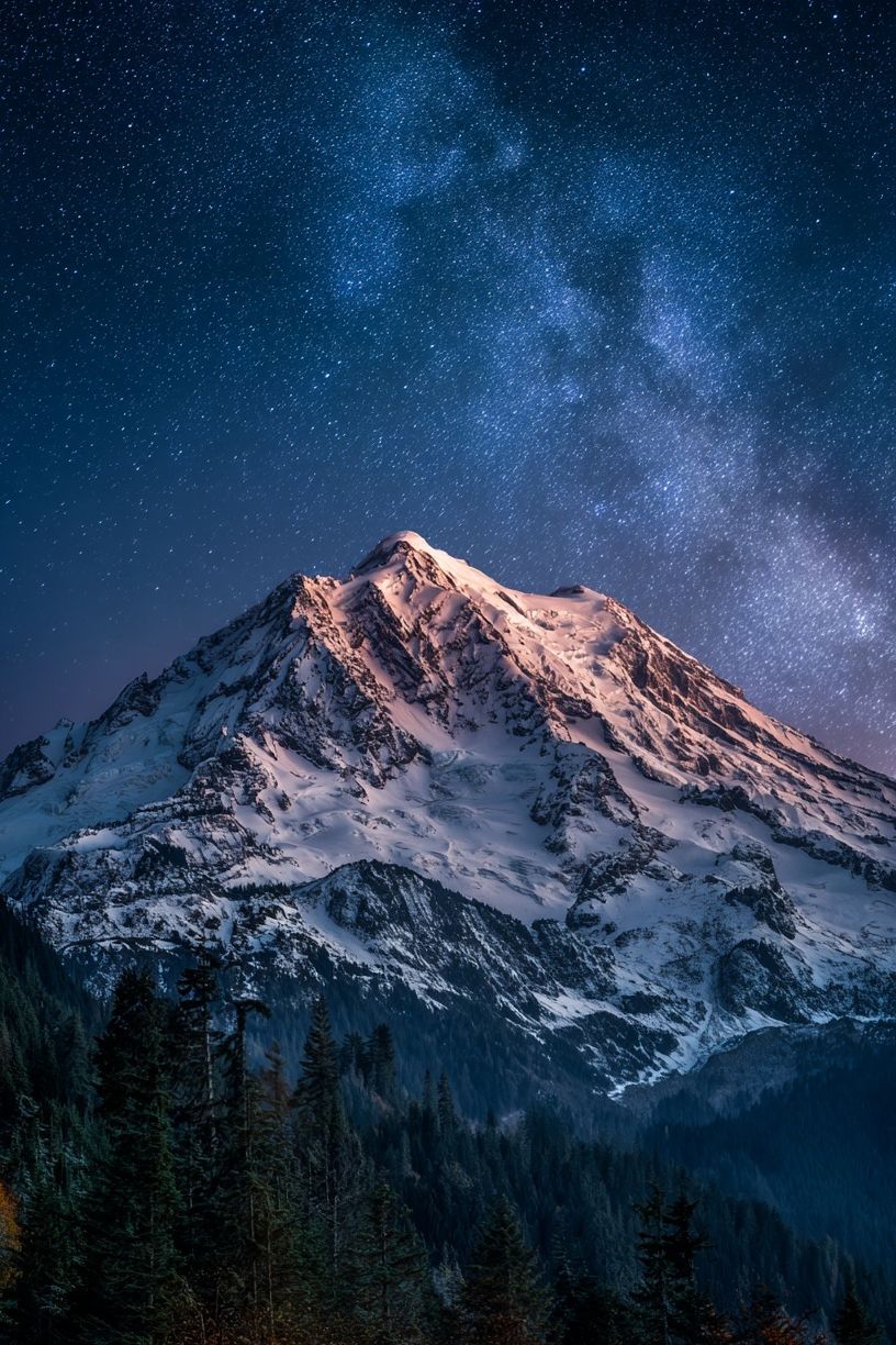 Snowy Mountain Under Starry Sky Poster. poster — nature art