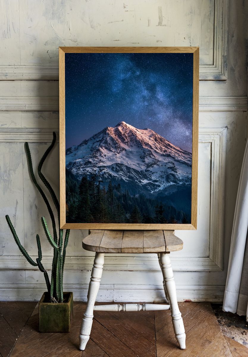 Snowy Mountain Under Starry Sky Poster. room preview