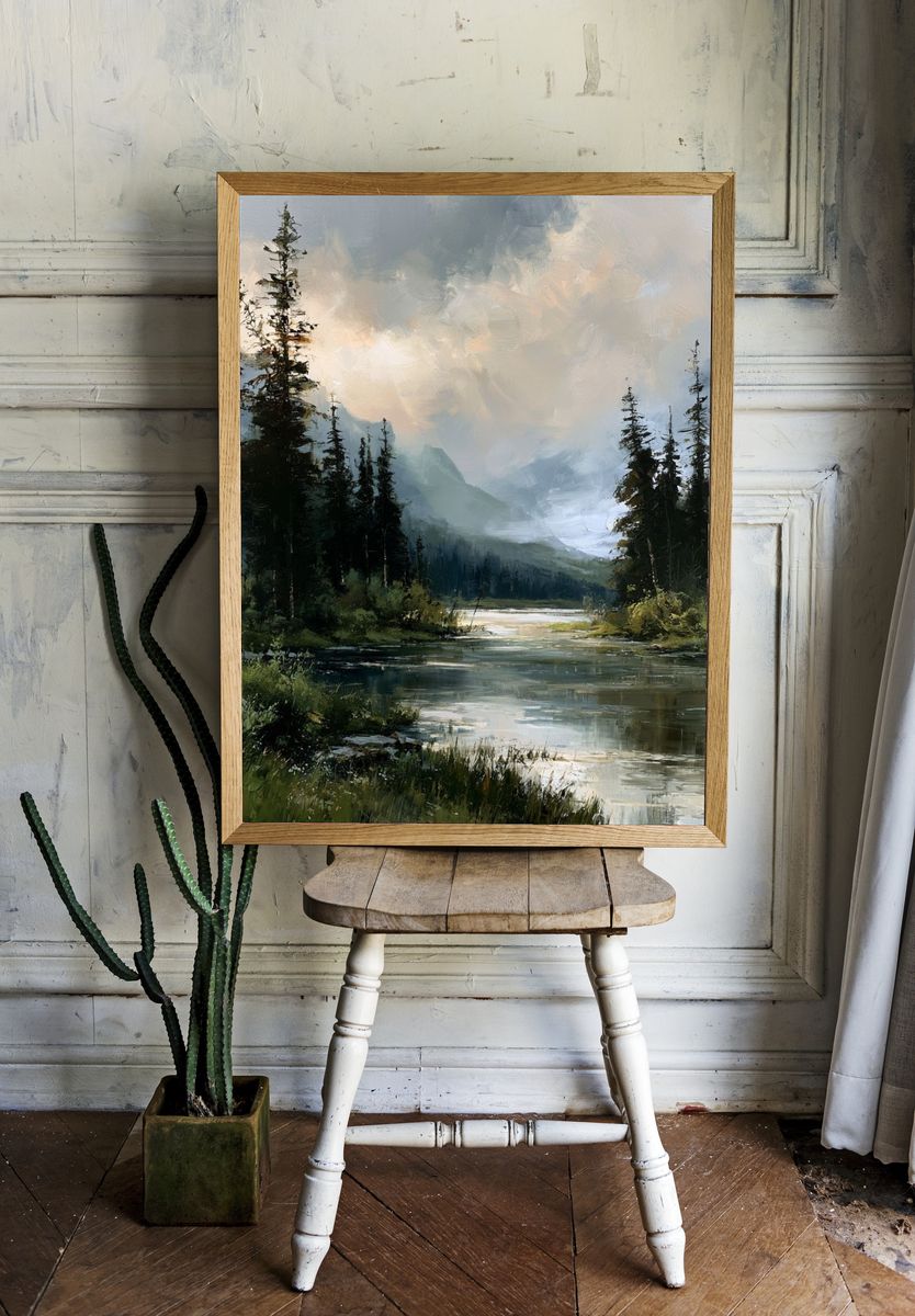 Misty Forest River Landscape Poster. — room view 1